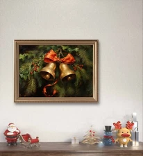 Vintage Christmas Jingle Bells, Printable Oil Painting, Wall Art Winter Print