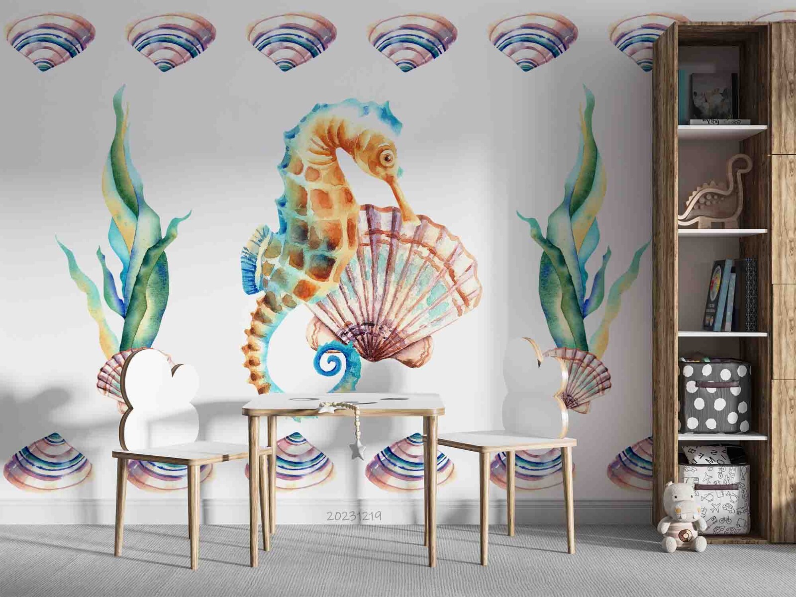3D Cartoon Scallop Seahorse Seaweed Wall Murals Wallpaper Murals Wall Sticker