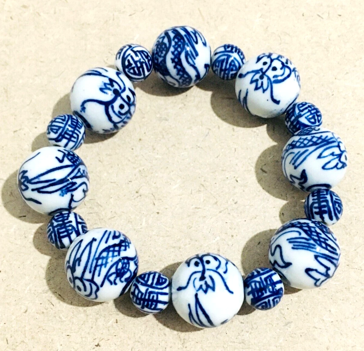 Chunky Chinoiserie Bracelet Blue White Porcelain Ceramic Stretch Layered  5.75