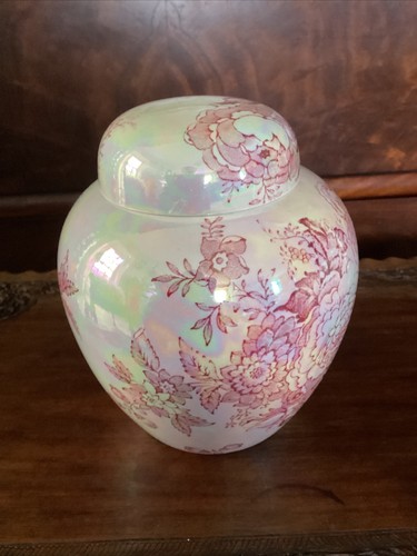 Vintage 6.5” Maling pearl lustre ginger jar vase & cover butterflies, birds etc - Picture 6 of 24