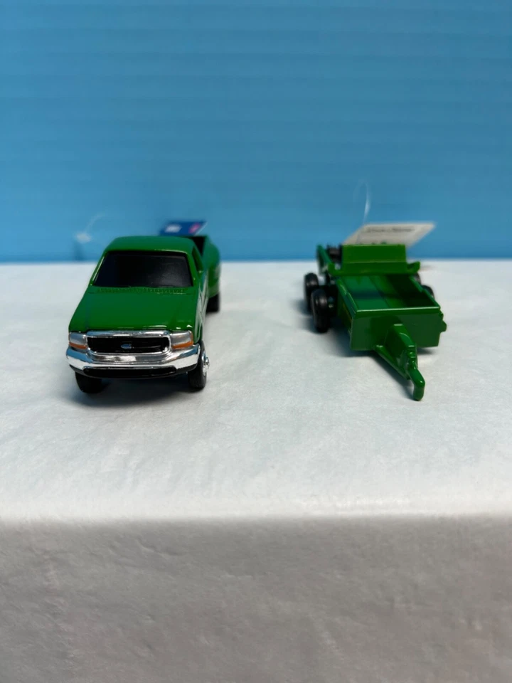 John Deere Green ERTL 1/72 scale Ford F350 2 Door Pickup w/Trailer - Image 3 of 4