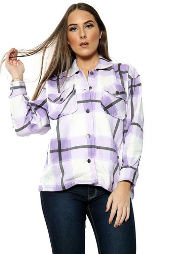 Womens Check Fleece Casual Jacket Shacket Tunic Oversized Baggy Top Shirt Coat - Picture 19 of 19