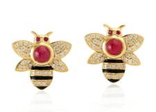 1.48ct Natural Round Diamond 14k Yellow Gold Ruby Enamel Bee Stud Earring
