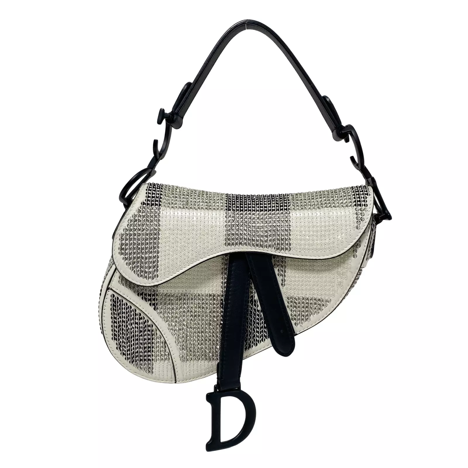 Mini sacoche de selle DIOR blanc et noir 2019 paillettes brodées à carreaux
