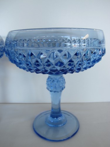 PAIR OF INDIANA GLASS ICE BLUE DIAMOND POINT 7" HIGH COMPOTES - Picture 3 of 12