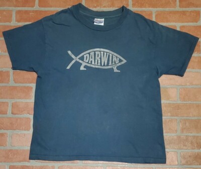 VTG Single Stitch Darwin Fish t shirt L evolution Hanes science