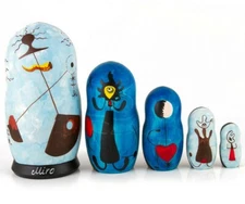 5 pc Joan Miro Maternity Nesting Doll Surrealism Painting Handmade 7"