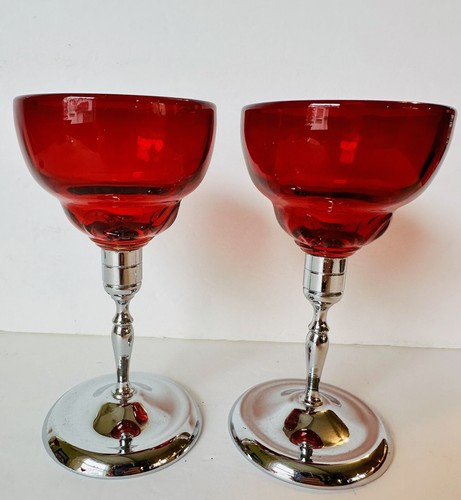 4pc MARTINSVILLE Ruby Red Chrome Stem Cocktail Glasses - Picture 6 of 12