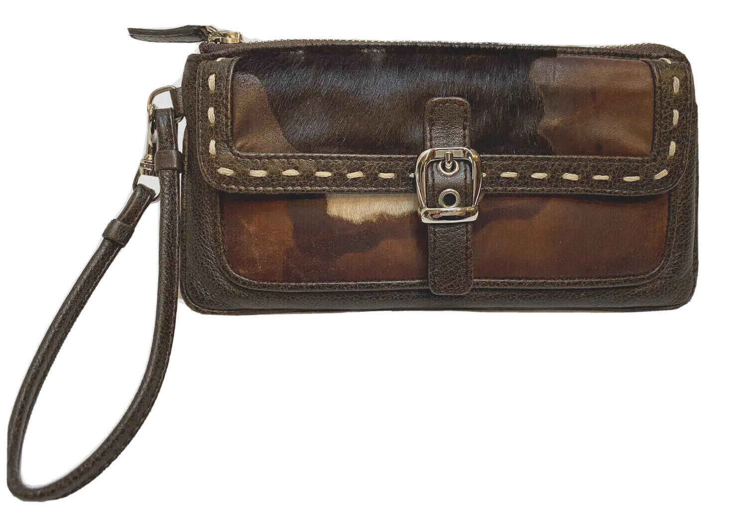 FRIZIONE POLSINO ISABELLA FIORE ZIP Marrone Pelle Pelle Mucca PELI DI PONY con Fibbia