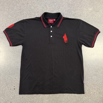 Lada Polo Shirt Mens XL Black Red Embroidered Horse Rider 9 Patch Short Sleeve