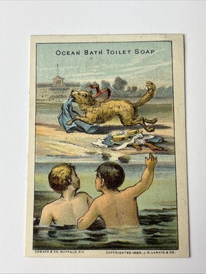 10032 Vintage OCEAN BATH TOILET SOAP Advertising Trade Card Dog Stealing Clothes