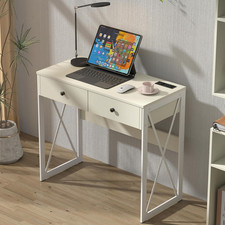 Compact Computer Desk with Power Outlets, 2 Drawers, and Metal Frame, 31.5" Smal