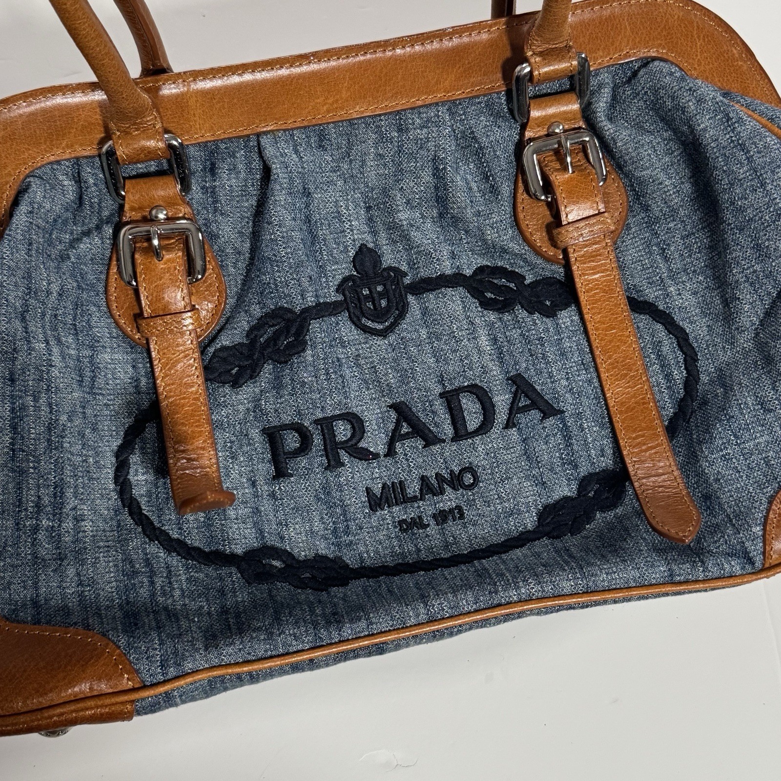 Women’s Prada Milano Blue Denim Leather Trim Tote Hand Bag image 2