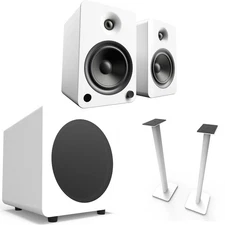 Kanto YU6 White Speakers Pair, SUB8 8" 250W Sub, SP32PLW 32" Stand
