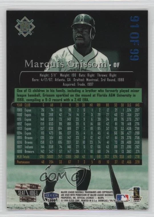 1999 Flair Showcase Row 2 Legacy Collection /99 Marquis Grissom #106L - Image 2 of 2