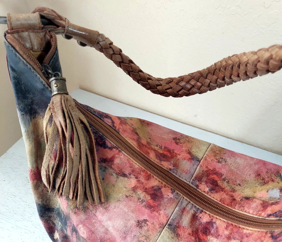 Icon Los Angeles Leather Hobo Shoulder Tote Bag Braided Strap Abstract Painterly - Image 4 of 4