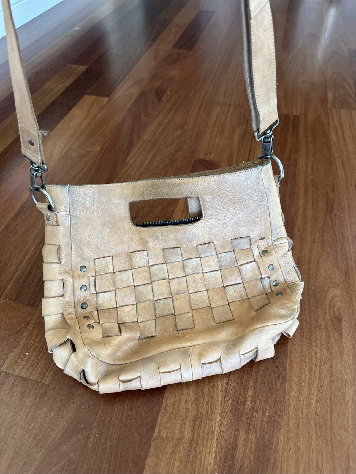 11”x13” Bed Stu Orchid Woven Check Tan Soft Leather Satchel Crossbody Bag