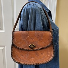 VTG Mexican Hand Tooled Leather Western Shoulder Bag with Brass Hardware
