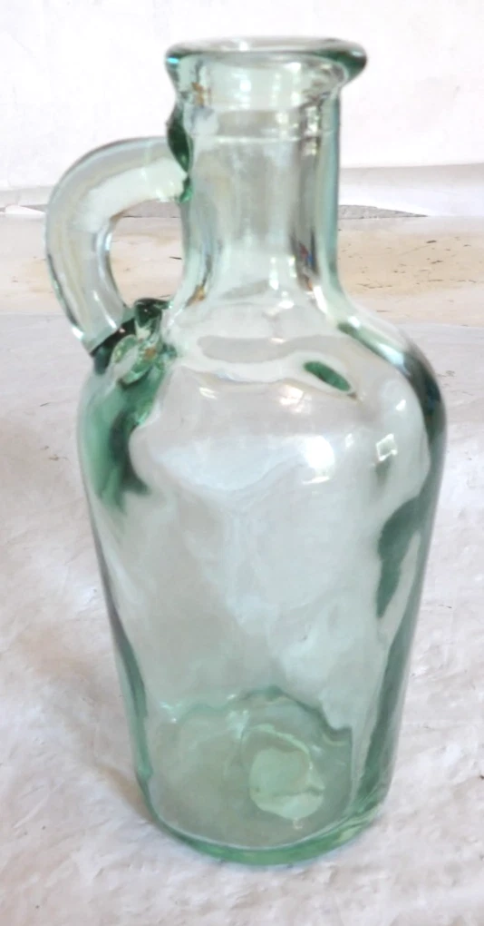 Vintage 7-1/2" Green Bottle w/ Applied Glass Handle. Olive Oil Pitcher