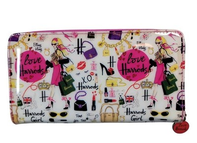 Harrods Glamorous Shopping Signature Logo Zip London Girl Vinyl Clutch Purse
