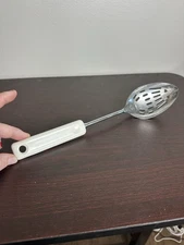 Ekco Vintage 12" Slotted Serving Spoon Stainless Steel White Plastic Handle USA