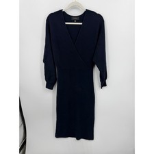 Banana Republic Sweater Dress Small Navy Blue Ribbed Knit Wrap V-Neck Midi