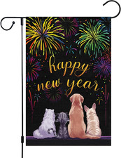 Happy New Year Garden Flag 12X18 Double Sided Vertical, Burlap Small Fireworks C