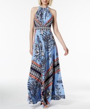 INC International Concepts Blue Red White Floral Halter Neckline Maxi Dress 14P