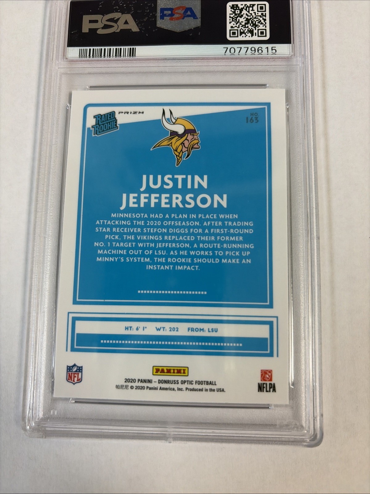 2020 Panini Donruss Optic - Rated Rookies Justin Jefferson #163 Blue Hyper Prizm view 7