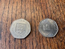 1970 England UK 50p New Pence Coin, Elizabeth II plus 1969 both shiny coins