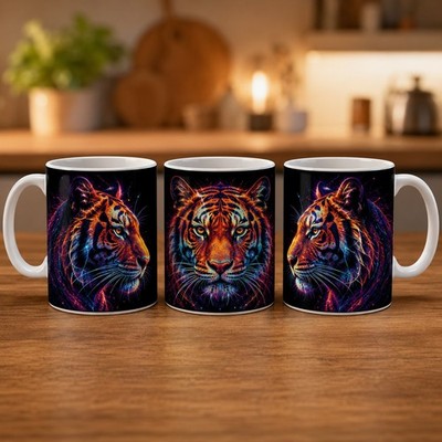 Mehrfarbiger Tiger auf Schwarz Design Kaffeebecher Teebecher Neuheit 11 Unzen Tasse 