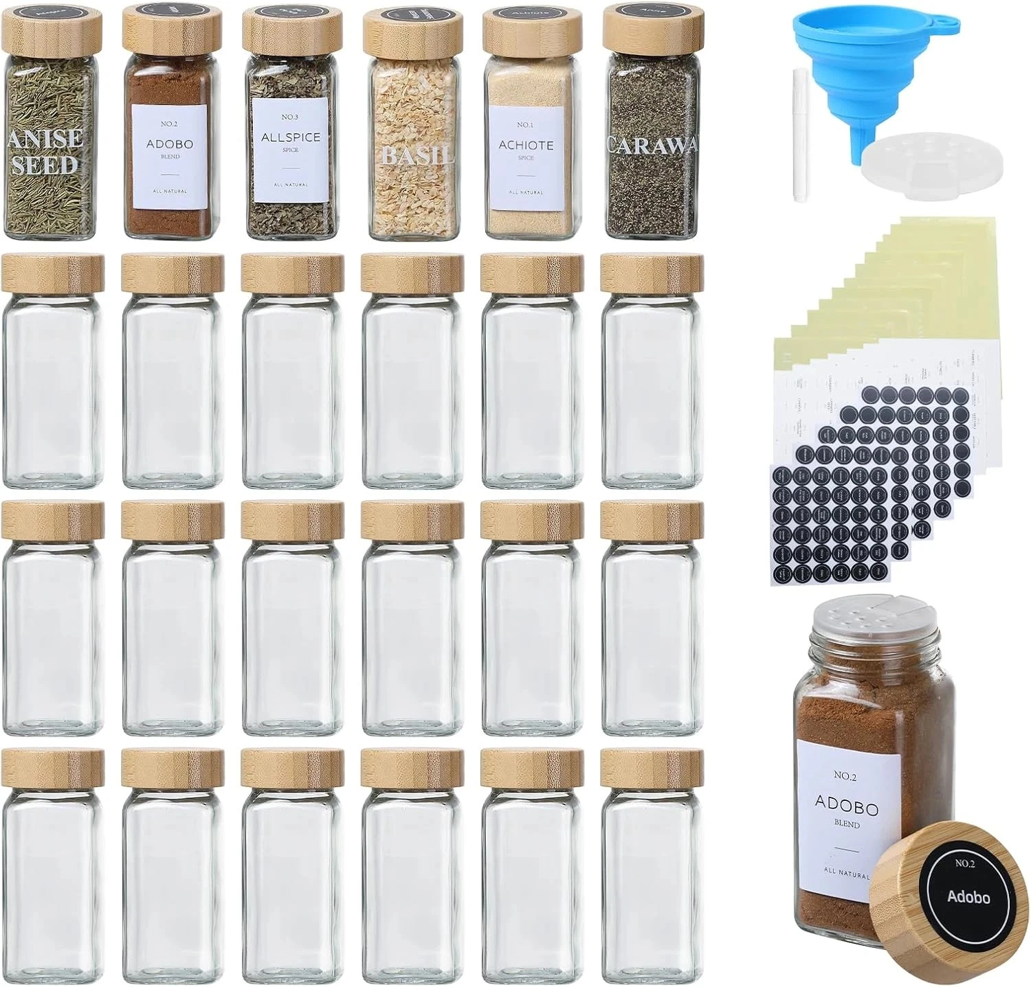 24 Pack 4 OZ Glass Spice Jars with Bamboo Lids Empty Bottles with Labels, Funnel