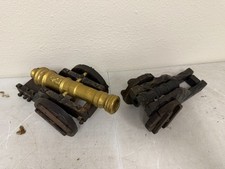 Lot of 2 Vintage Wood  Cast Iron Toy Cannons w/ Base Stand War Models
