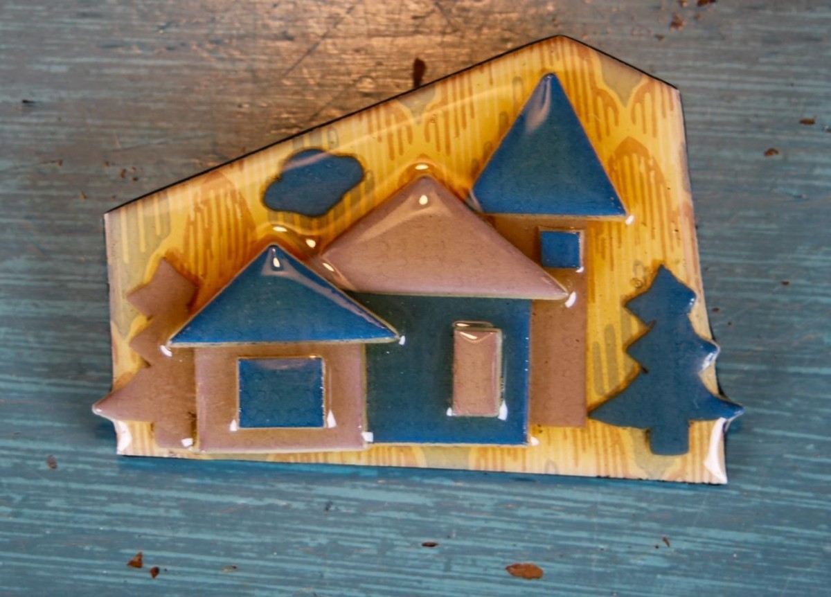 Vintage House Pins by Lucinda Cottage Pine Trees Tan Yellow Teal  display picture 1