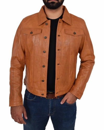 Mens Soft Leather Trucker Jacket Tan American Western Denim Levi Style Coat NEW - Picture 4 of 12