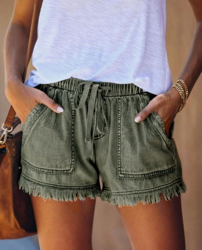 Pantalones cortos de mezclilla adelgazantes informales cintura alta cintura elástica con cordón para mujer - Imagen 11 de 31