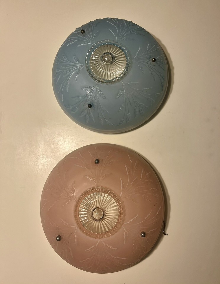 Pr 1940's 50's Vintage Deco Hanging Glass Ceiling Light Shades Chains