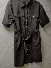 MNG Shirt Dress Womens Size 10 Black Belted Pockets Snap Up Short Sleeve 