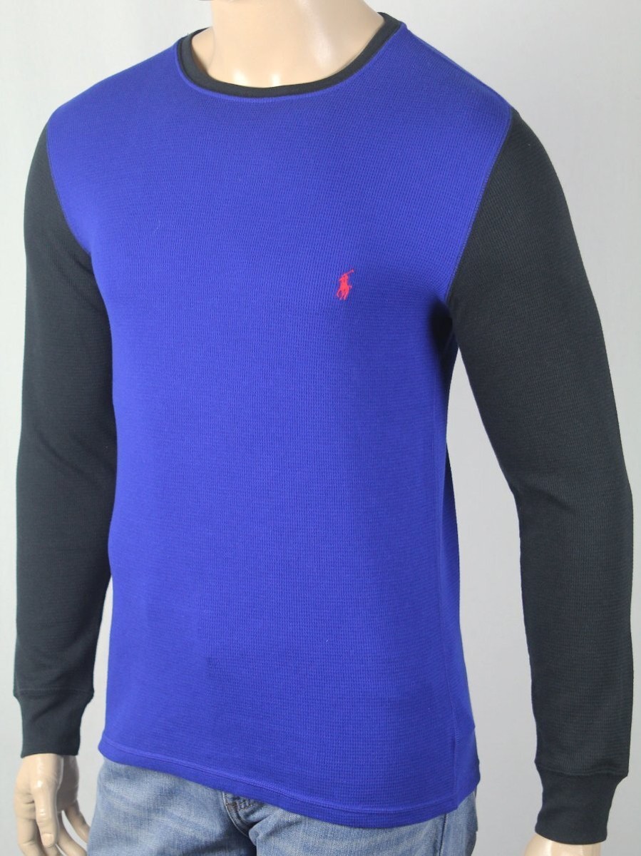 Polo Ralph Lauren Blue Black Crewneck Waffle Thermal Sleep Shirt Red Pony  NWT