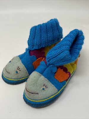 Garnet Hill Kids Fish Small Slippers Boiled Wool Slip On Blue Multi 07 Size