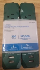 POWER STRIP SURGE PROTECTOR (2) Pack 3 OUTLET 2 USB PORTS 3ft BRAIDED GREEN CORD