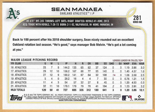 SEAN MANAEA OAKLAND ATLETISMO #281 - TOPPS CASI NUEVO- COMO NUEVO 2022 - Imagen 2 de 2