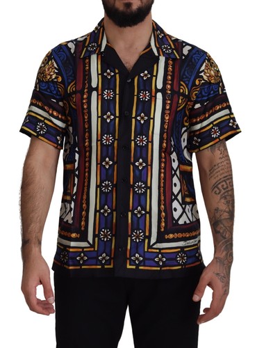 DOLCE & GABBANA Koszula Jedwabny Wielokolorowy nadruk Męska Button Down 39/US15.5/S 1200usd - Zdjęcie 1 z 10