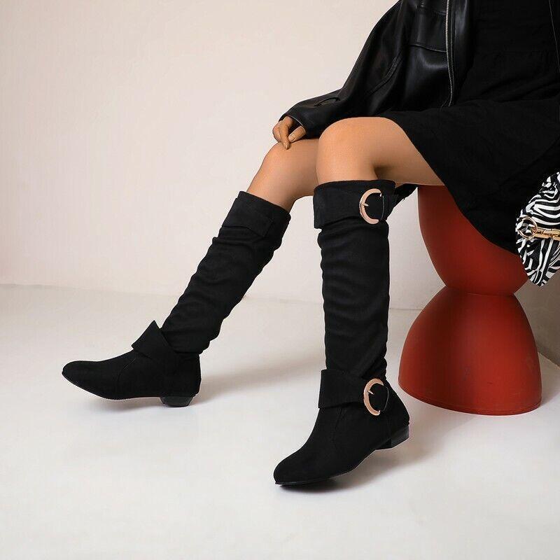 Women's Buckle Strap Low Heel Round Toe Shoes Mid Calf Boots Knight Riding Shoes