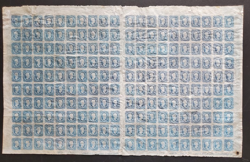 Confederate States Stamp Scott #12 10c Blue, Part OG Double Pane of 200 Plate #5