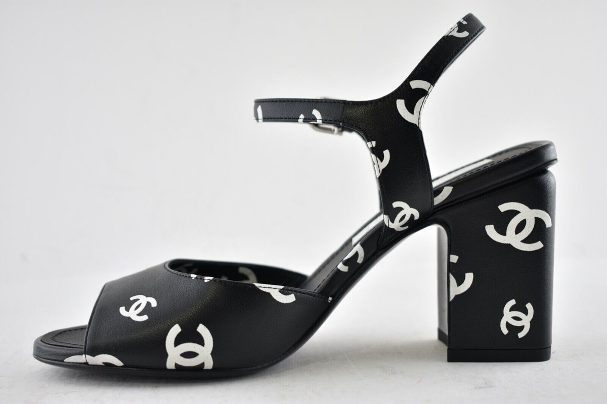 Chanel 22S Black White Print Lambskin CC Logo Ankle Strap Block