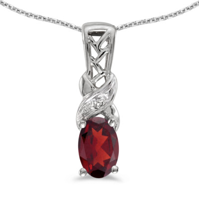 10k Weißgold ovaler Granat und Diamant Anhänger mit 18'' Kette