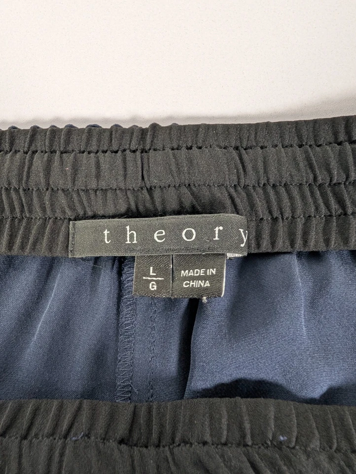 Pantalones Theory para mujer grandes Jesha seda azul esmoquin transparente pierna ajustada cordón Foto 3 de 4