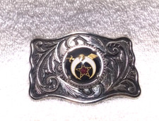 Shriner Freemason Masonic Stone In Silver Black Engraved Belt Buckle Vintage  