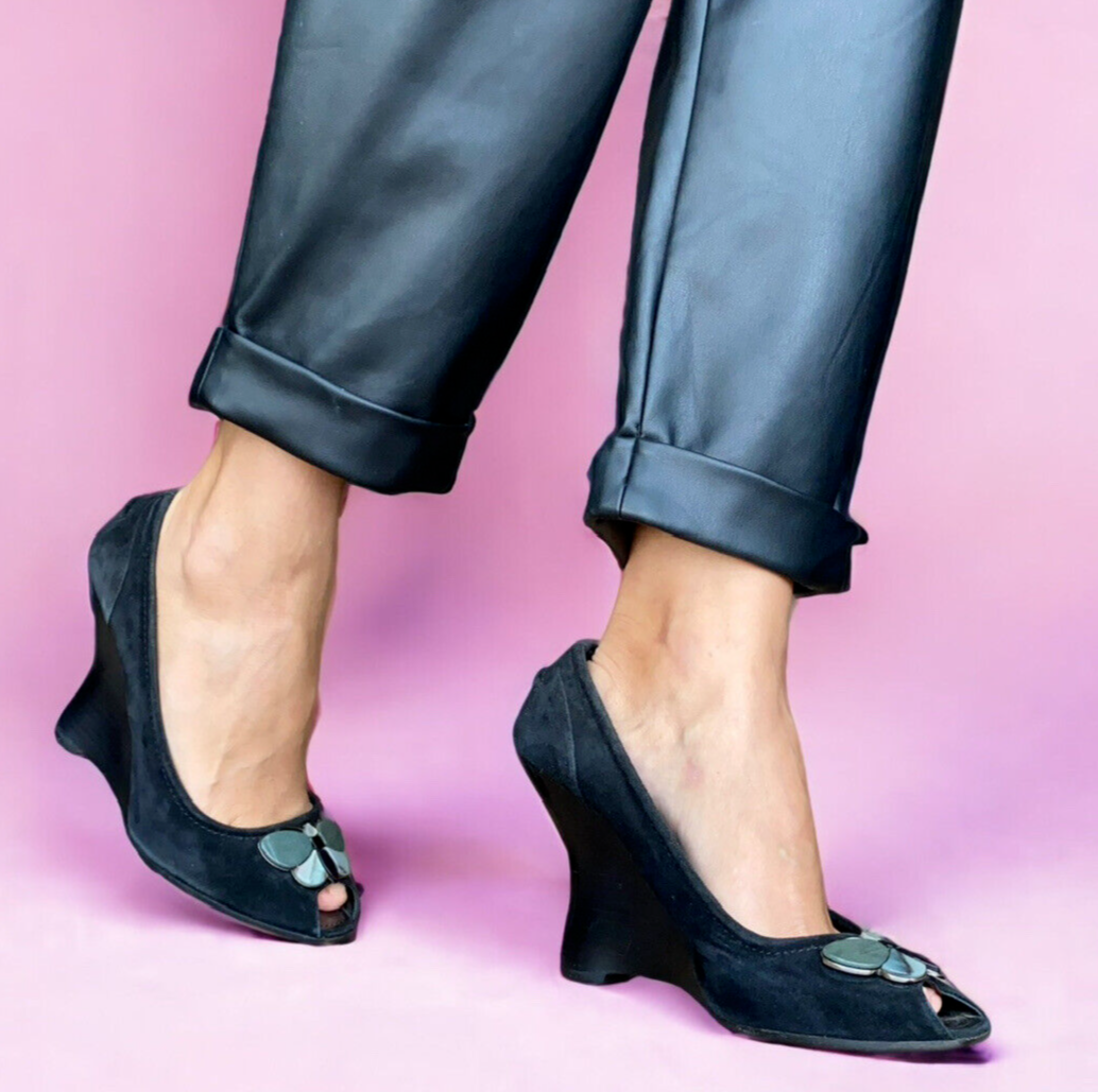 LOUIS VUITTON Black Suede Butterfly Peep Toe Wedge Pumps, Size
